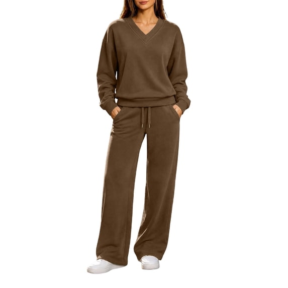 vdgthytj Sweatsuits Women 2 Piece Outfit Long Sleeve V-Neck Tops Drawstring Wide Leg Pants Fall Winter Athleisure Tracksuits(X-Large,Khaki)