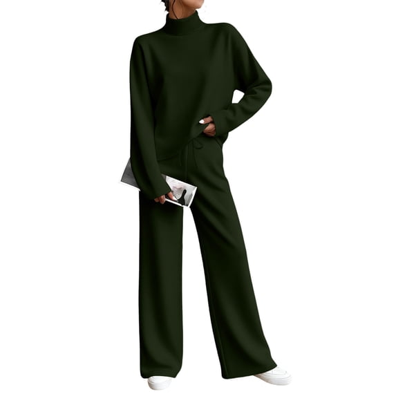 vdgthytj Sweatsuits Women 2 Piece Outfit Turtleneck Long Sleeve Pullover Tops Drawstring Wide Leg Pants Fall Athleisure Sets(Small,Green)