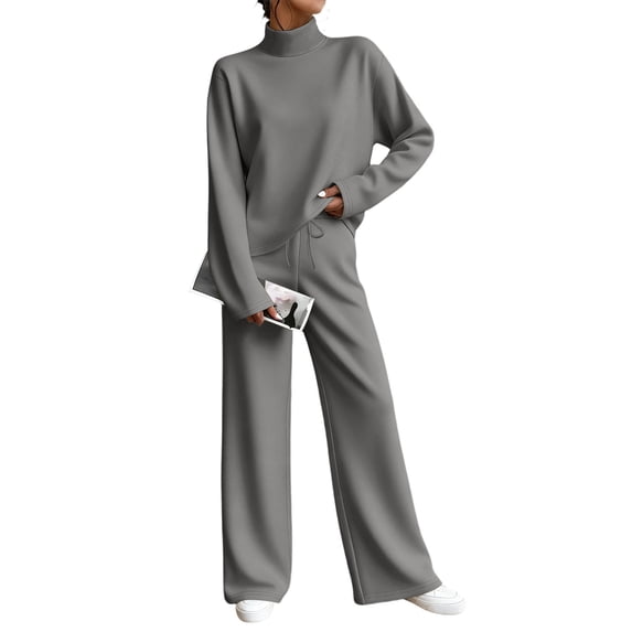 vdgthytj Sweatsuits Women 2 Piece Outfit Turtleneck Long Sleeve Pullover Tops Drawstring Wide Leg Pants Fall Athleisure Sets(X-Large,Gray)