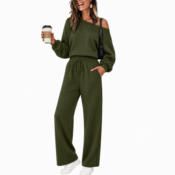 vdgthytj Sweatsuits Women 2 Piece Outfit off Shoulder Long Sleeve Cropped Tops Drawstring Straight Leg Pants Fall Casual Sets(Medium,Army Green)
