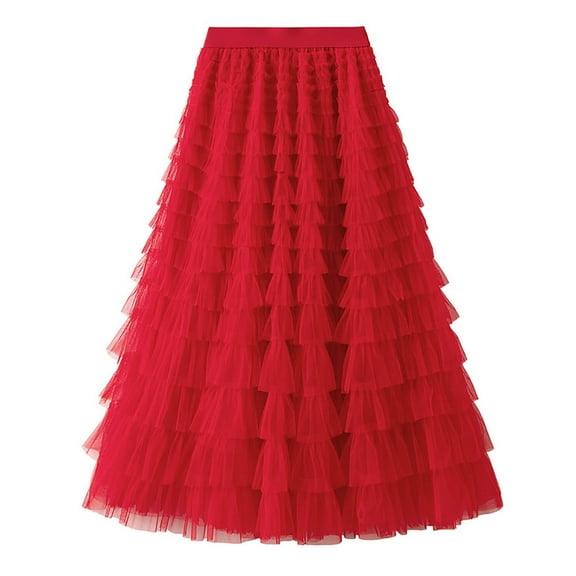 vdgthytj Tiered Layered Tulle A-Line Skirts for Women Trendy Summer Elastic Waisted Pleated Irregular Ruffle Party Midi Skirts