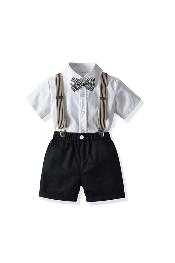 Toddler Baby Boy Formal Short Set Summer Outfit Kids Short Sleeve Bowtie Shirt Suspender Shorts Suit