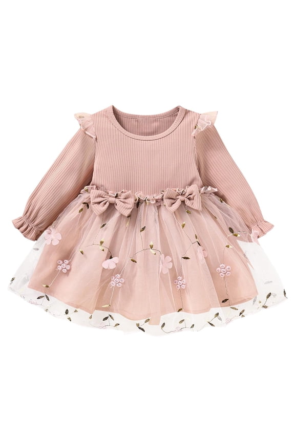 Toddler Baby Girl Clothes Fall Dress Crew Neck Long Sleeve Tulle Patchwork A-Line Birthday Party Dress