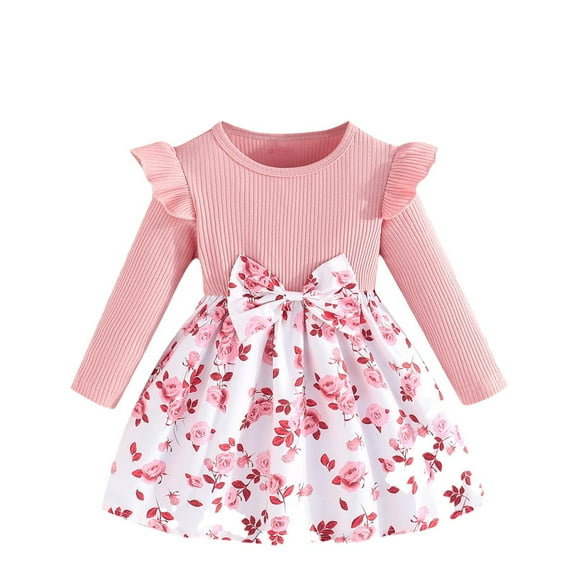 vdgthytj Toddler Baby Girl Clothes Fall Dress Cute Bow Crewneck Ruffle Long Sleeve A-Line Birthday Party Dress