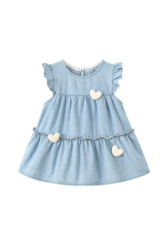 Toddler Baby Girl Denim Dress Cute Summer Ruffle Sleeve Crewneck Sundress Casual Beach Party Outfits