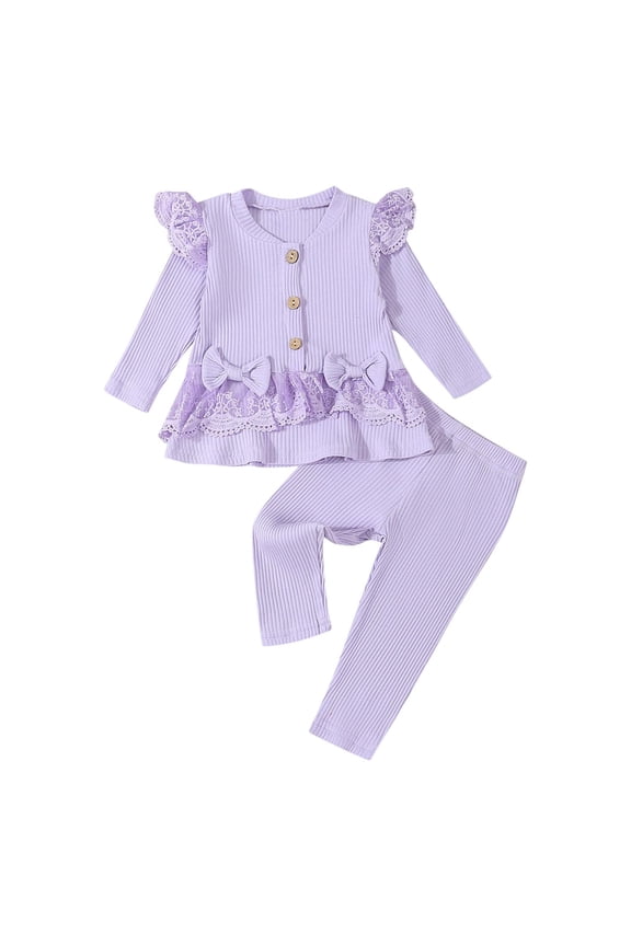 Toddler Baby Girl Fall Clothes Solid Color Ribbed Knit Long Sleeve Ruffle Shirt Pant Cute Infant Winter Outfit