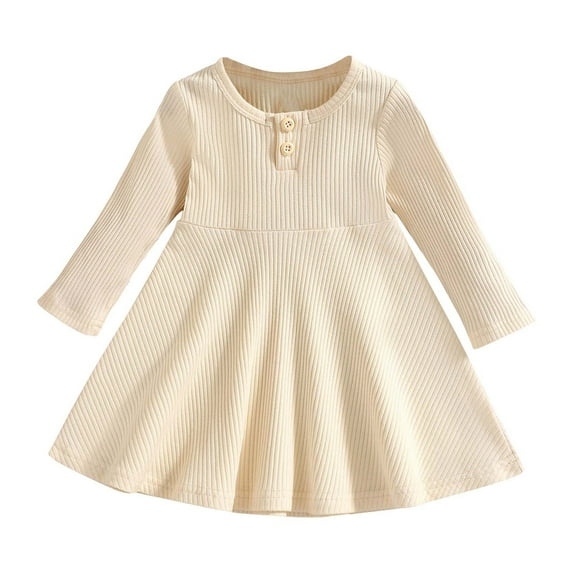 vdgthytj Toddler Baby Girl Fall Dress Ribbed Knit Long Sleeve Round Neck Button Casual A-Line Party Dresses