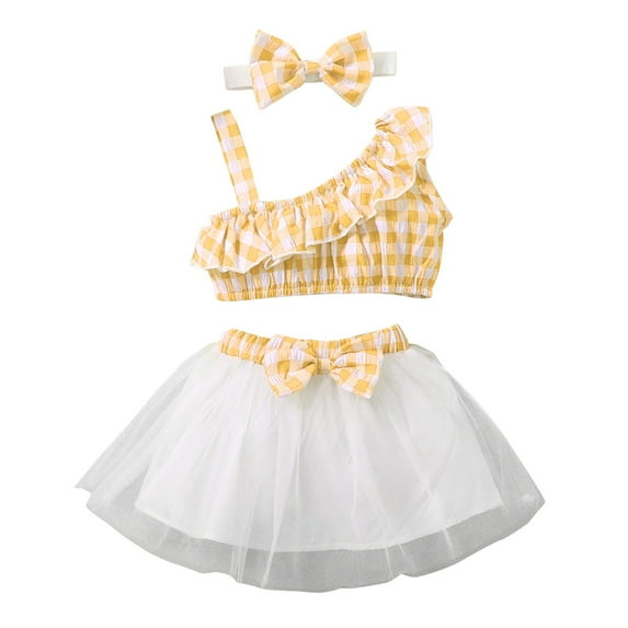vdgthytj Toddler Baby Girl Outfit Plaid Ruffle Sleeveless Crop Top Bow Tulle Skirt Cute Headband 3 Piece Clothes Set