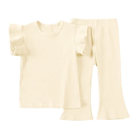 vdgthytj Toddler Baby Girl Summer Clothes Casual Ribbed Crewneck Ruffle Sleeve Top and Flare Pants 2PCS Outfits Set