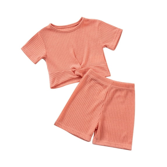 vdgthytj Toddler Baby Girls 2 Piece Outfits Ribbed Crewneck Short Sleeve Tops and Shorts Kids Casual Summer Clothes