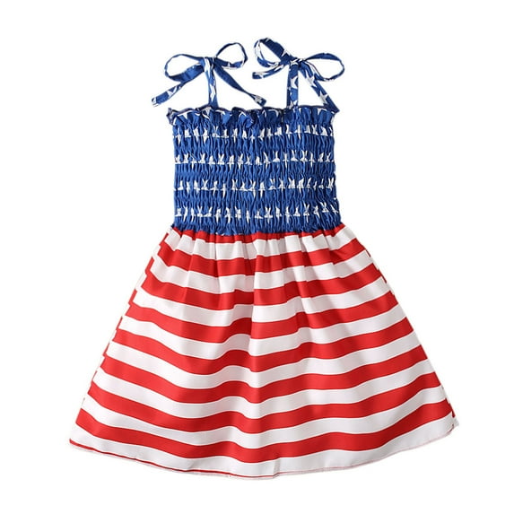 vdgthytj Toddler Baby Girls 4th of July Dress Stars Striped Tie Straps Smocked Sundress A-Line Summer Party Dress