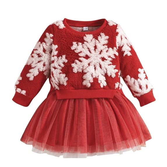 vdgthytj Toddler Baby Girls Christmas Dress Snowflake Crewneck Long Sleeve Mesh Holiday Party Tulle Dress