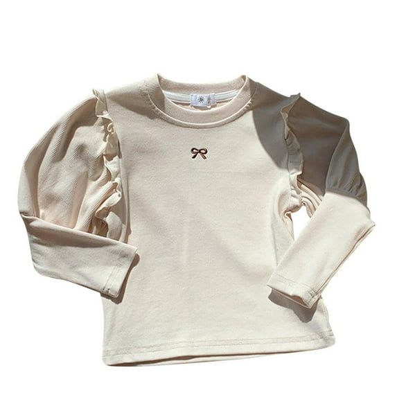vdgthytj Toddler Baby Girls Long Sleeve Shirts Cute Ruffle Bowknot Embroidered Crew Neck Basic Tops Layering Tees