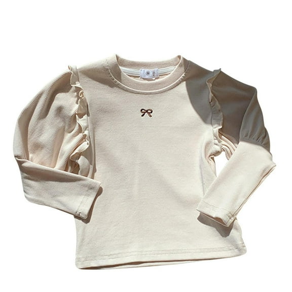vdgthytj Toddler Baby Girls Long Sleeve Shirts Cute Ruffle Bowknot Embroidered Crew Neck Basic Tops Layering Tees