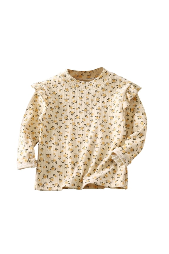 Toddler Baby Girls Long Sleeve Tops Shirts Cute Printed Ruffle Crewneck Basic Blouse Kids Fall Undershirts