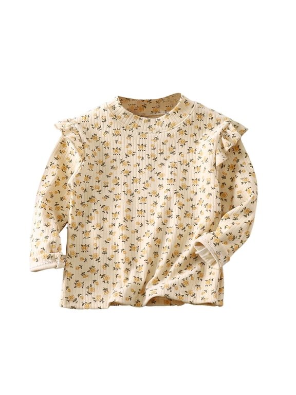 Toddler Baby Girls Long Sleeve Tops Shirts Cute Printed Ruffle Crewneck Basic Blouse Kids Fall Undershirts