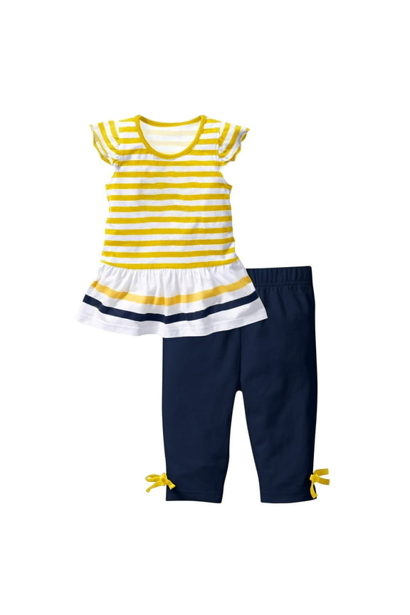 Toddler Baby Girls Summer Clothes Kids Striped Crewneck Ruffle Sleeve Shirts and Capris 2 Piece Outfits Set