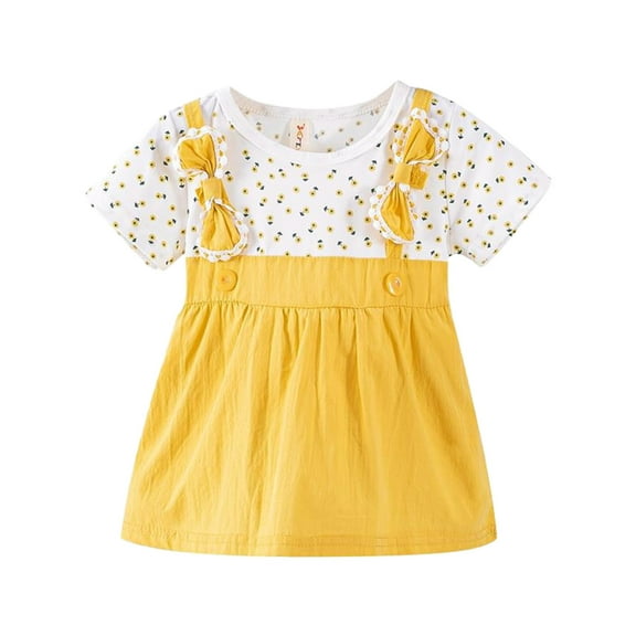 vdgthytj Toddler Baby Girls Summer Dresses Cute Printed Bowknot Button Short Sleeve Casual Sundress 1-4 Years