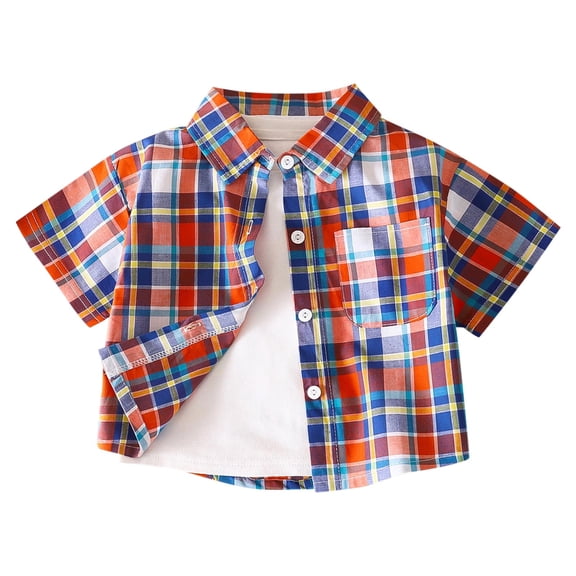 vdgthytj Toddler Boys Button down Shirts Kids Plaid Collared Short Sleeve Tops Summer Outfits 1-11 Years