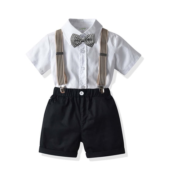 vdgthytj Toddler Boys Formal Short Set Summer Outfit Kids Short Sleeve Bowtie Shirt Suspender Shorts Sets