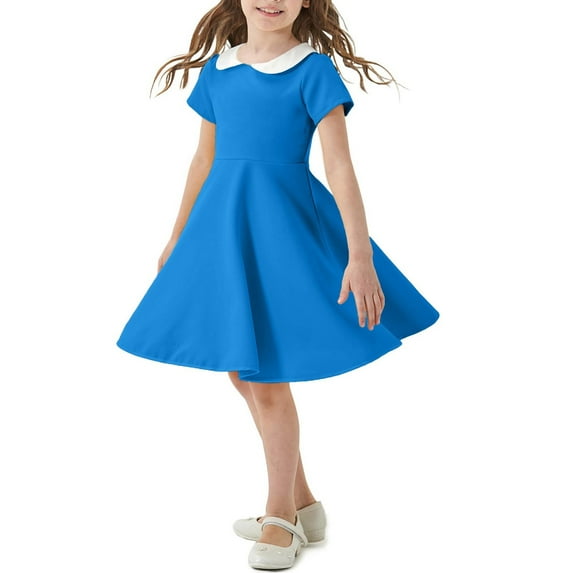 vdgthytj Toddler Girl's Vintage Dress Summer Collared Short Sleeve Flare A-Line Skater Party Dresses 2-12 Years