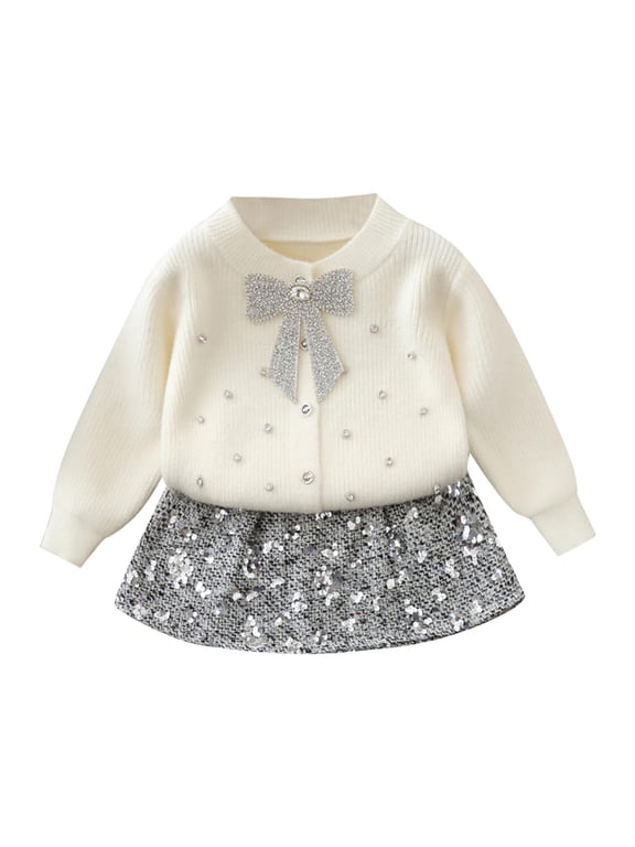 Toddler Girls 2 Piece Outfits Bowknot Knit Sweater Sequins A-Line Mini Skirt Sets for 1-8 Years
