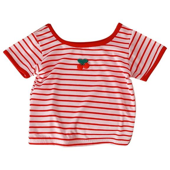 vdgthytj Toddler Girls Cute T-Shirt Summer Outfits Ribbed Crewneck Short Sleeve Tops Striped Trendy Clothes