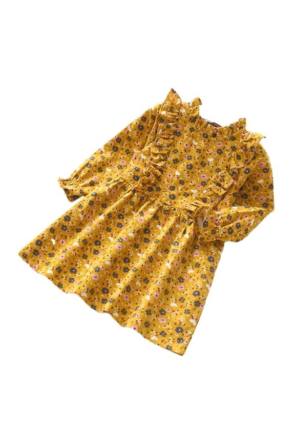 Toddler Girls Long Sleeve Dress Floral Printed Ruffle Round Neck A-Line Flowy Fall Spring Dress 3-7 Years