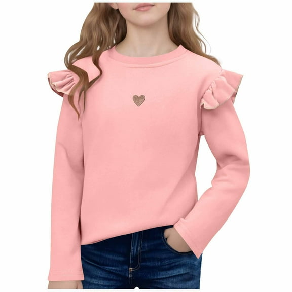 vdgthytj Toddler Girls Ruffle Long Sleeve Shirts Cute Heart Printed Crewneck Casual Basic Tee Tops 1-10 Years