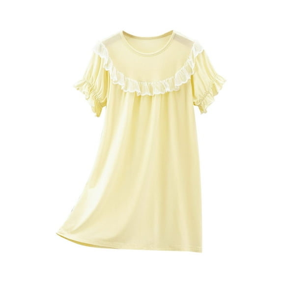 vdgthytj Toddler Girls Summer Dress 2025 Cute Crewneck Lace Ruffle Short Sleeve Sundress for Kids 2-13 Years