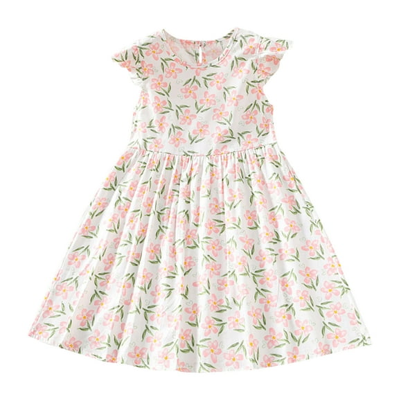 vdgthytj Toddler Girls Summer Dresses Printed Flutter Sleeve Round Neck A-Line Flowy Beach Party Sundress for Kids