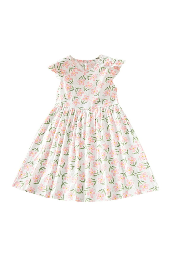Toddler Girls Summer Dresses Printed Flutter Sleeve Round Neck A-Line Flowy Beach Party Sundress for Kids