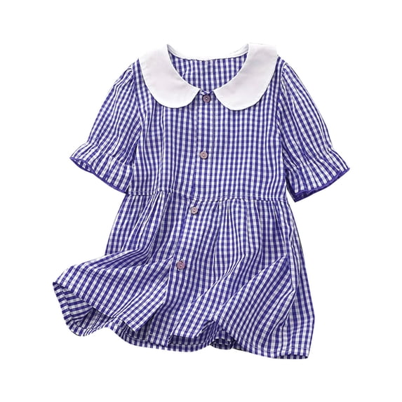vdgthytj Toddler Girls Summer Plaid Dress Cute Doll Collar Ruffle Short Sleeve Button down Casual Sundress 3-10 Years