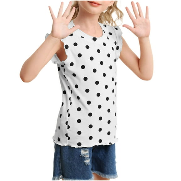 vdgthytj Toddler Girls Summer T Shirts Casual Polka Dots Ruffle Sleeve Crewneck Tank Tops 4-10 Years