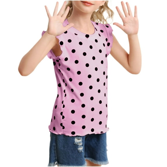 vdgthytj Toddler Girls Summer T Shirts Casual Polka Dots Ruffle Sleeve Crewneck Tank Tops 4-10 Years