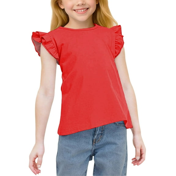 vdgthytj Toddler Girls Summer T Shirts Casual Solid Color Ruffle Sleeve Crewneck Tees Tops 3-15 Years