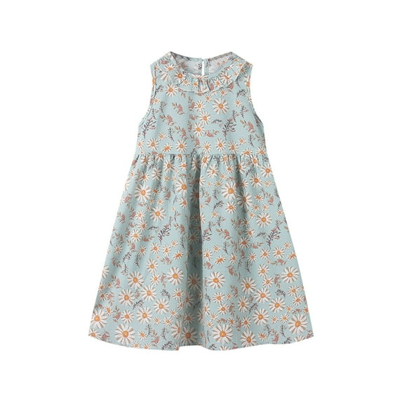 vdgthytj Toddler Girls Summer Tank Dress Printed Doll Collar Sleeveless Round Neck A-Line Beach Party Sundress