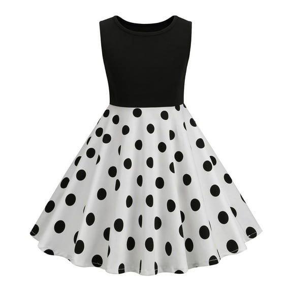 vdgthytj Toddler Girls Vintage Dress 1950s Round Neck Sleeveless Polka Dots Flare A-Line Party Midi Dress