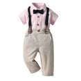 thumbnail image 1 of vdgthytj Toddler Kids Boy Formal Suit Stripe Short Sleeve T-Shirt Suspender Pants Outfit Overalls Clothes with Bowtie, 1 of 8