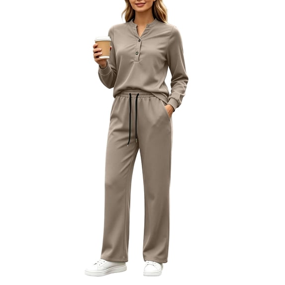 vdgthytj Tracksuits Women 2 Piece Set Long Sleeve V-Neck Button Tops Drawstring Straight Leg Pants Fall Loungewear Outfits(Large,Khaki)