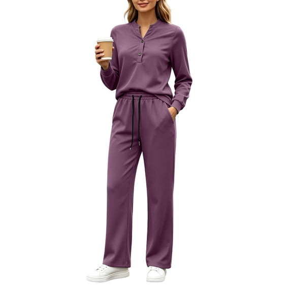 vdgthytj Tracksuits Women 2 Piece Set Long Sleeve V-Neck Button Tops Drawstring Straight Leg Pants Fall Loungewear Outfits(X-Large,Purple)