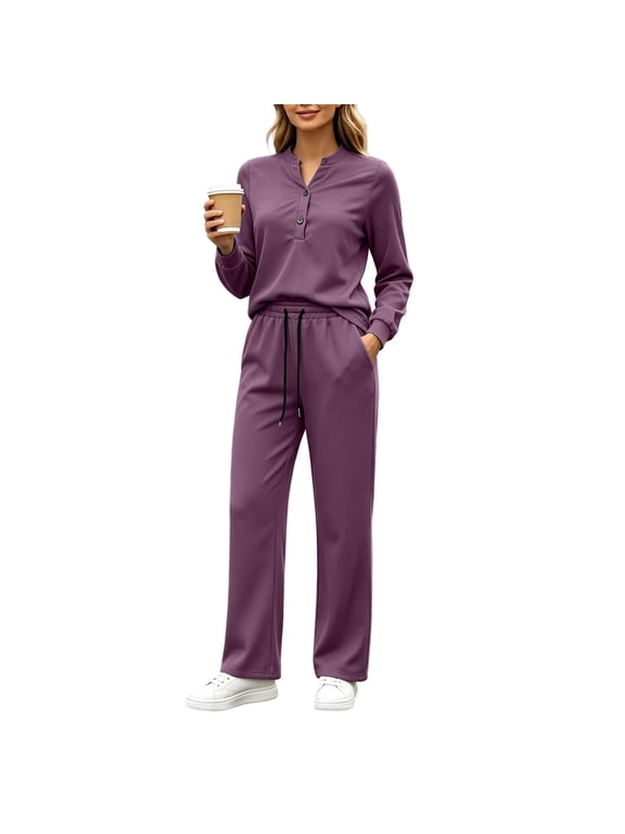 Tracksuits Women 2 Piece Set Long Sleeve V-Neck Button Tops Drawstring Straight Leg Pants Fall Loungewear Outfits(XX-Large,Purple)