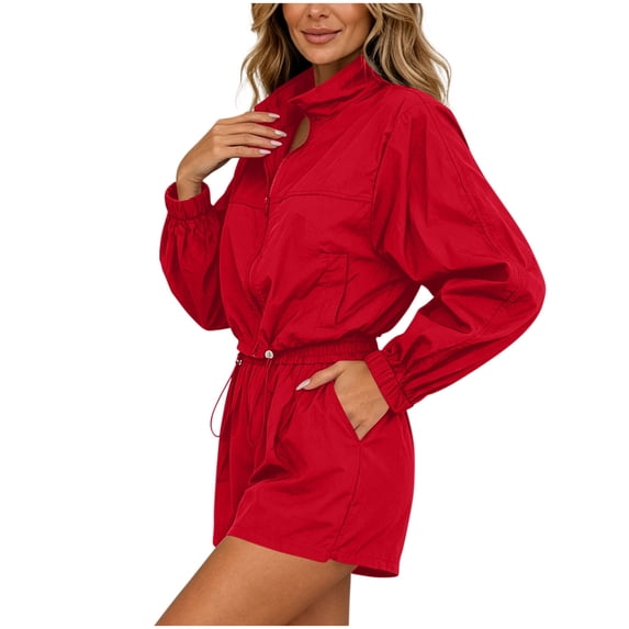 vdgthytj Tracksuits Women 2 Piece Set Stand Collar Full Zip Drawstring Jacket Elastic Waist Shorts Hiking Outdoor Windbreaker Outfits(X-Large,Red)