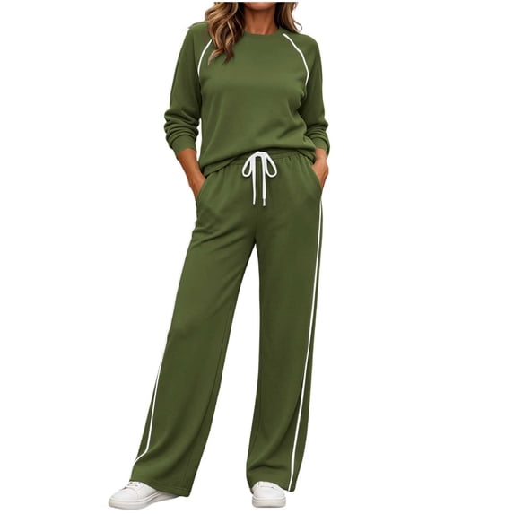 vdgthytj Tracksuits Womens Set 2 Piece Long Sleeve Crewneck Raglan Shoulder Contrast Piping Tops Drawstring Wide Leg Pants Fall Athleisure Outfits(Medium,Army Green)