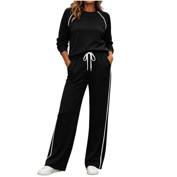 vdgthytj Tracksuits Womens Set 2 Piece Long Sleeve Crewneck Raglan Shoulder Contrast Piping Tops Drawstring Wide Leg Pants Fall Athleisure Outfits(Small,Black)