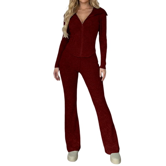 vdgthytj Tracksuits for Women Set 2 Piece Ribbed Full Zip Drawstring Slim Hooded Jackets Flare Pants Casual Loungewear Outfits(Large,Wine)
