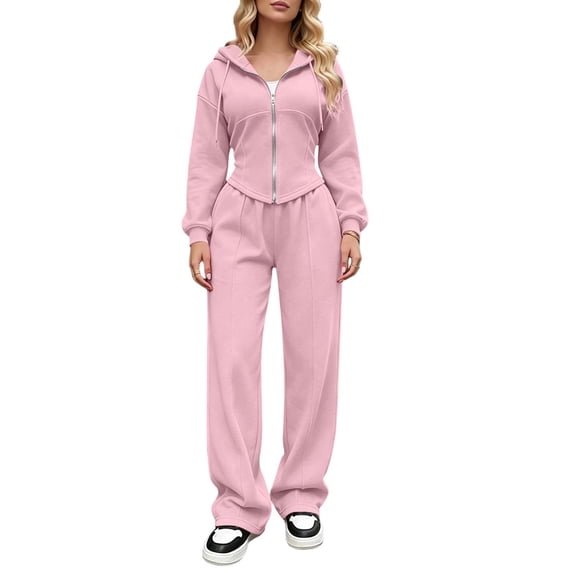 vdgthytj Tracksuits for Women Set Full Zip Long Sleeve Cropped Hooded Jackets Wide Leg Pants Fall Winter Athleisure 2 Piece Outfits(XX-Large,Pink)