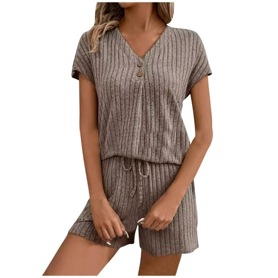 vdgthytj Two Piece Sets for Women Summer V Neck Short Sleeve Pajama Top and Elastic Waisted Shorts Loungewear Soft Outfits Set