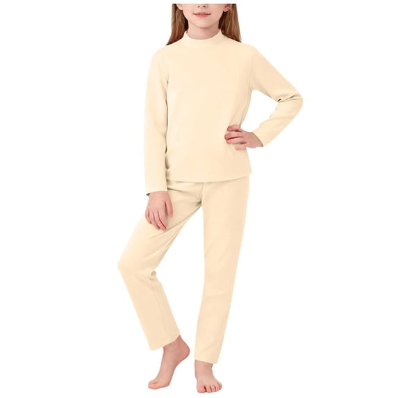 vdgthytj Unisex Kids 2 Piece Loungewear Sets Long Sleeve Turtleneck Tops and Long Pants Fall Winter Warm Thermal Underwear Outfits(1-2 Years,Beige)