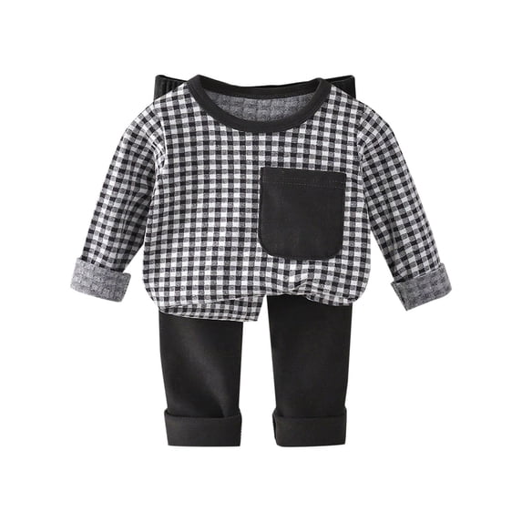 vdgthytj Unisex Kids 2 Piece Outfits Long Sleeve Crew Neck Plaid Tops with Patch Pocket Solid Long Pants Fall Winter Warm Loungewear Sets(10-11Years,Black)